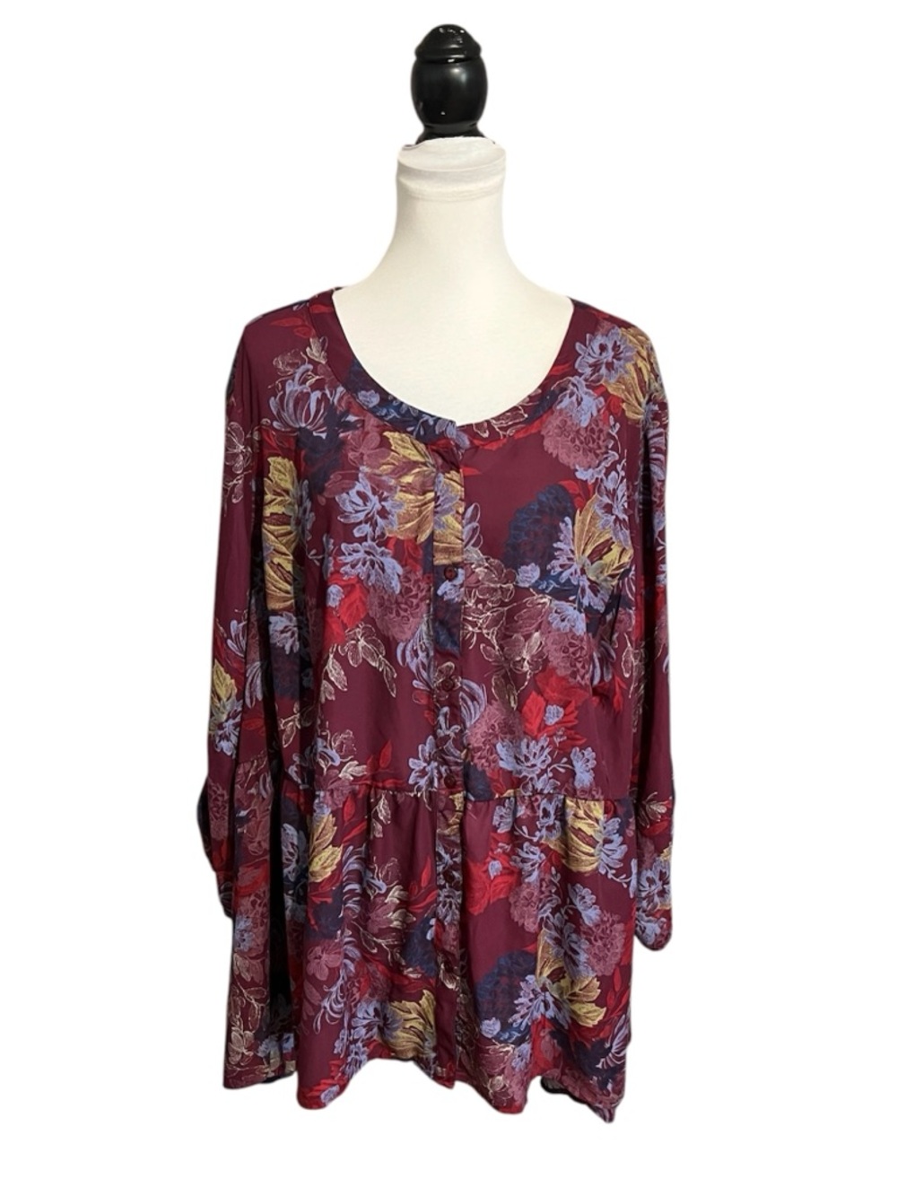 Chelsea Studio Blouse Plus 4X Floral Chiffon Button Down 3/4 Sleeves Semi Sheer